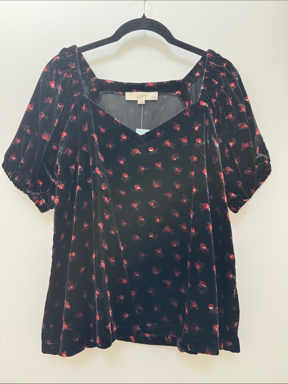 LOFT Black and Red Floral Velvet Women's Top